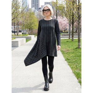 Bryn Walker Small Dress Houndstooth Tunic Lagenlook Artsy Asymmetric Black Gray